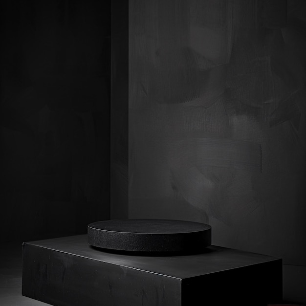 07231101 44 Black circular platform matte finish geometric cube base minimalist design dark setting subtle lighting product presentation monochrome style sleek texture soft shadows