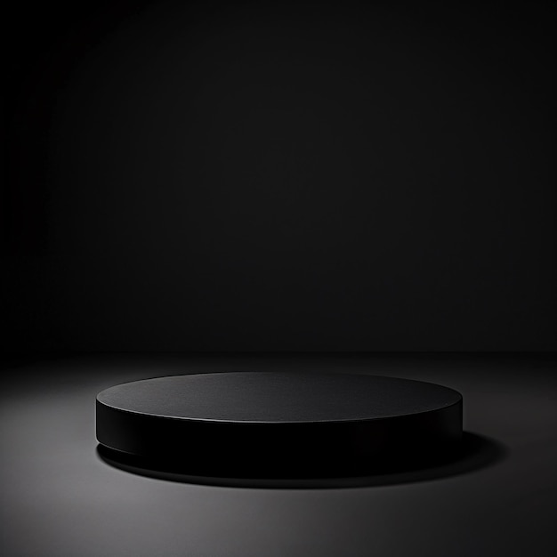 Photo 07231101 44 black circular platform matte finish geometric cube base minimalist design dark setting subtle lighting product presentation monochrome style sleek texture soft shadows