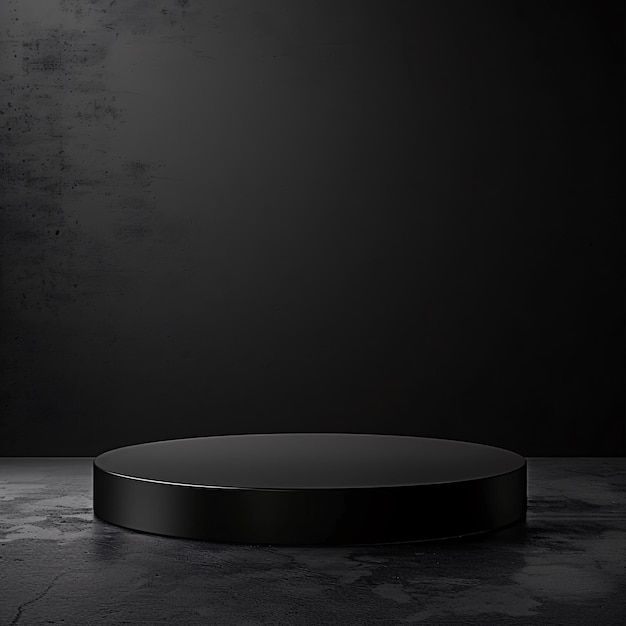 07231101 44 Black circular platform matte finish geometric cube base minimalist design dark setting subtle lighting product presentation monochrome style sleek texture soft shadows