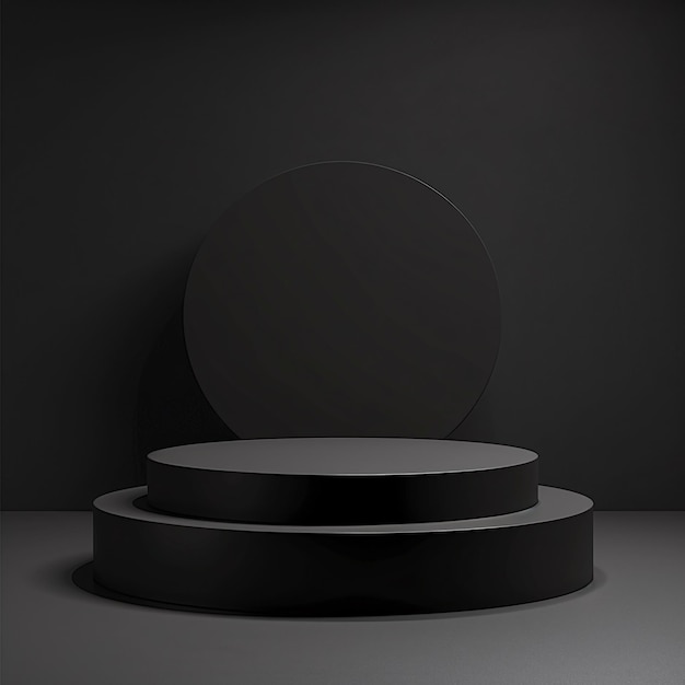 07231101 45 Black circular stage matte finish geometric cube stand minimalist design dark backdrop gentle lighting product display monochromatic sleek surface soft shadows professional