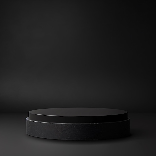 Photo 07231101 46 black circular platform matte finish geometric cube base minimalist design dark background subtle lighting product display monochromatic sleek texture soft shadows professional