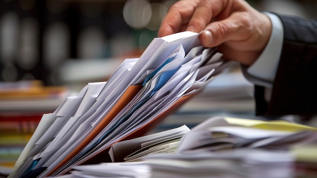 07231249 123 Closeup of a businessmans hand managing an overload of documents arranging and categorizing them meticulously in an office setting with a focus on the disarray of papers and the