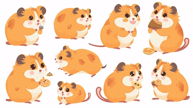 07231249 441 A collection of cute Djungarian hamster illustrations featuring the hamsters in various poses including eating sleeping and playing with detailed fur textures and expressive faces