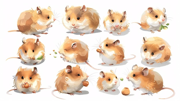 07231249 441 A collection of cute Djungarian hamster illustrations featuring the hamsters in various poses including eating sleeping and playing with detailed fur textures and expressive faces