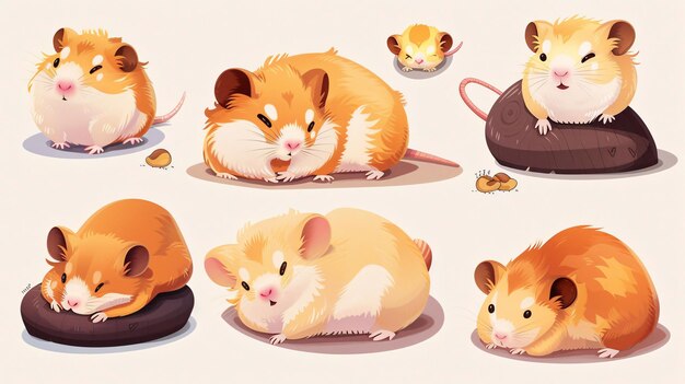 07231249 445 Set of charming Djungarian hamster illustrations depicting the hamsters engaging in daily activities such as grooming climbing and resting with vibrant colors and intricate details