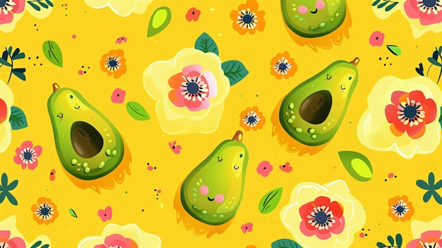 Photo 07231249 461 seamless pattern featuring cute avocado characters with flowers set against a bright yellow background ideal for gift wrap paper and childrens wallpaper