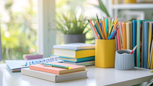 07231249 76 Bright and airy study room with a white table in focus surrounded by a stack of colorful books a neatly arranged set of stationery including pens pencils and a notebook with ample