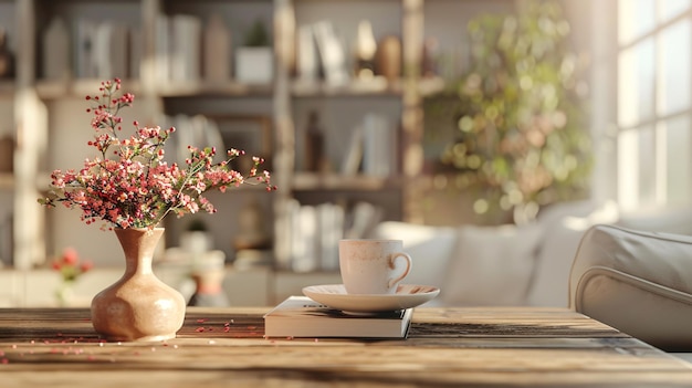 07231249 95 Realistic 3D illustration of a wooden tabletop featuring a coffee cup a collection of books and elegant flower vases with ample product display space set against a blurred and