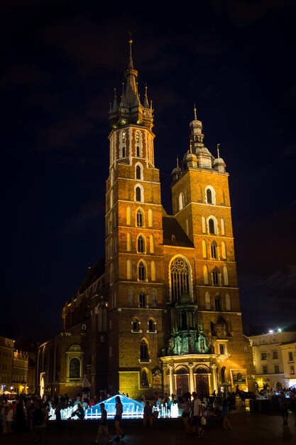 09 July2017Poland Krakow Market Square at nightThe Main Market Square in Cracow is the most important square of the Old Town in CracowSukiennice the Cloth Hall a landmark of Rynek the market square