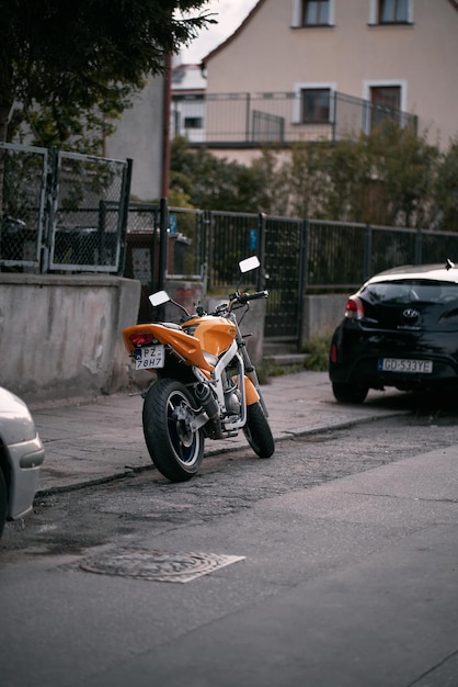 09012022 Gdansk Poland A yellow sportbike is parked on the street Modern motorbike by a South Korean motorcycle company Hyosung