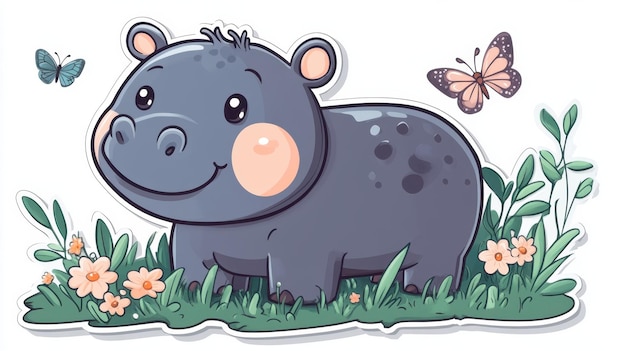 Photo 1 a cute pygmy hippo with round cheeks and big eyes standing on a grassy patch with tiny flowers and butterflies outlined in soft pastel sticker style