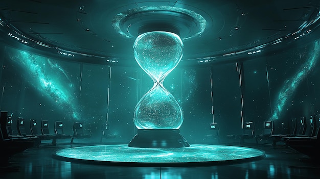 Photo 1 a glowing hourglass hovering over a futuristic boardroom with galaxies swirling within the glass