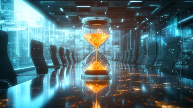 1 A glowing hourglass hovering over a futuristic boardroom with galaxies swirling within the glass