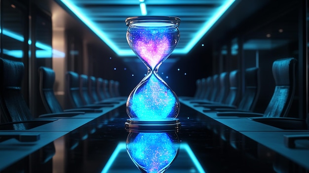 Photo 1 a glowing hourglass hovering over a futuristic boardroom with galaxies swirling within the glass