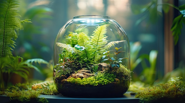 1 A lush miniature rainforest thriving inside a clear glass bottle with ferns moss and small tropical plants surrounded by a misty humid atmosphere