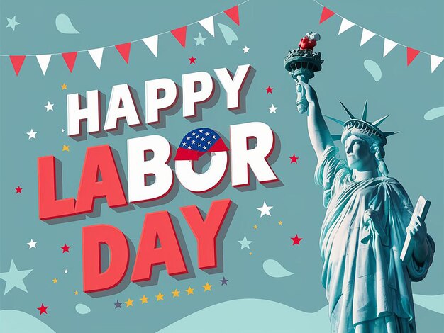 1 May happy labor day celebration with usa flag and liberty statue