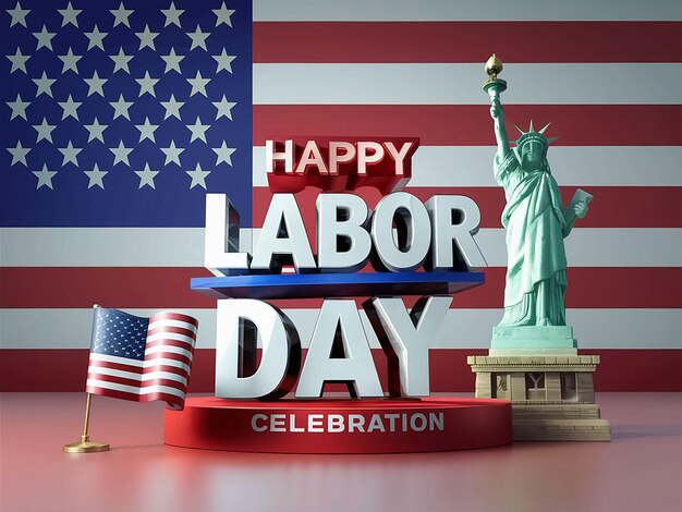 1 May happy labor day celebration with usa flag and liberty statue