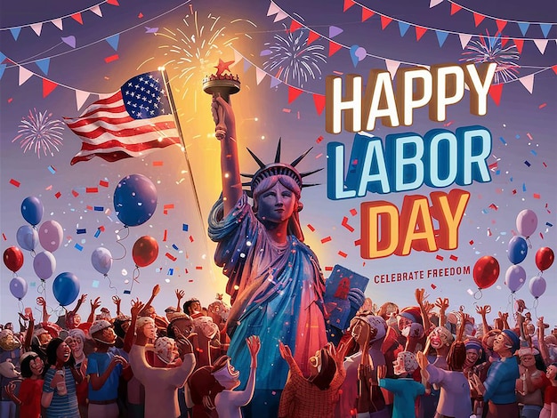 1 May happy labor day celebration with usa flag and liberty statue