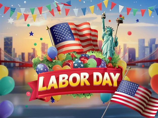 1 May happy labor day celebration with usa flag and liberty statue