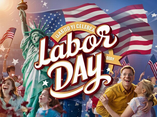 1 May happy labor day celebration with usa flag and liberty statue