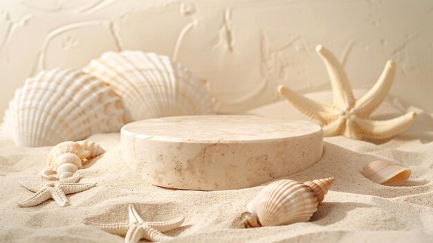 1 A serene presentation setup featuring an empty beige round platform podium for cosmetics surrounded by sea shells and starfish on a natural beige beach sand background creating a tranquil and