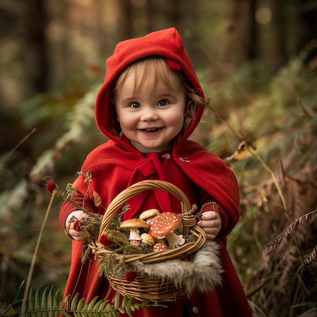 1 year old baby girl wearing a red cloak in the enchanted forest cute smiling holding a bamboo