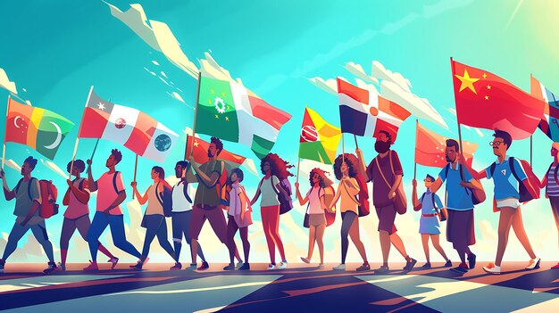 10 An animated parade of friends holding flags of different countries marching together