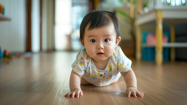 10 months Asian baby crawling on the floor