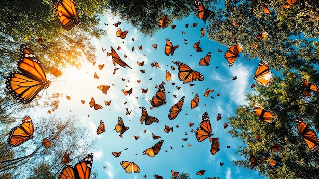 Photo 10 a stunning monarch butterfly migration scene with thousands of butterflies filling the sky their vibrant orange and black wings creating a mesmerizing pattern against the blue sky and the green