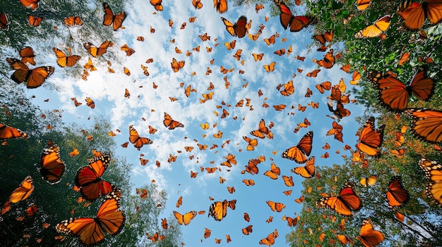 Photo 10 a stunning monarch butterfly migration scene with thousands of butterflies filling the sky their vibrant orange and black wings creating a mesmerizing pattern against the blue sky and the green