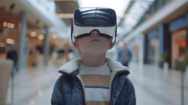 10 year old boy in virtual reality glasses explores and walks around in a hallway