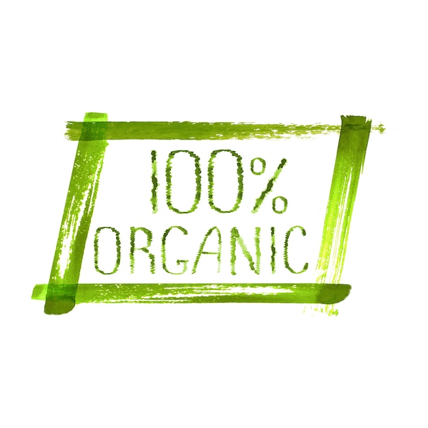 100 organic product logo design. Green watercolor hand drawn sign label emblem poster frame on white background. Organic design template grunge brush texture illustration isolated on white background