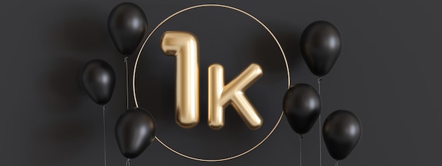 Photo 1000 followers card with balloons on black background banner for social network blog 1k followers or likes celebration social media achievement poster one thousand subscriber 3d render