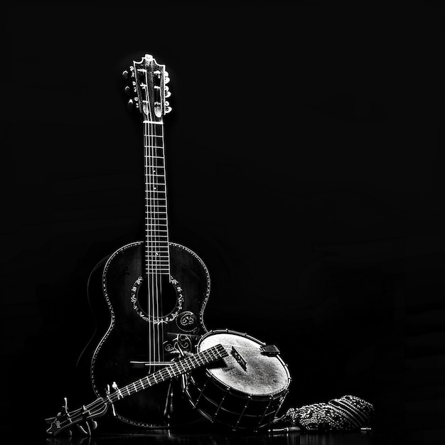 Photo 10h totally black background with discreet white watermark of cavaquinho banjo tambourine guitar