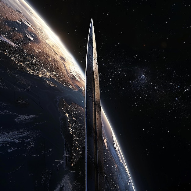 Photo 10h view from space of an earth balanced on the edge of a large straight dagger side lit photograp