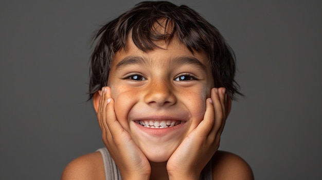 a 10yearold boy facing the camera with his hands on his face smiling very happy realistic image ar 169 Job ID 57878ae56b9b4b7bb876540c27de6426