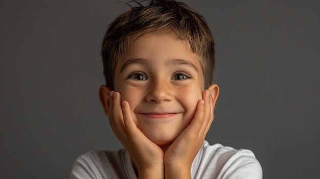 a 10yearold boy facing the camera with his hands on his face smiling very happy realistic image ar 169 Job ID 852b576df23f44a399c3546873e4e278