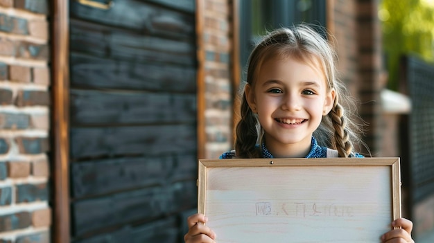 a 10yearold girl facing the camera positioned on the left side of the scene holding a blank board smiling very happy realistic image ar 169 Job ID bba487e851c940d29f04bfd4508c8fb1