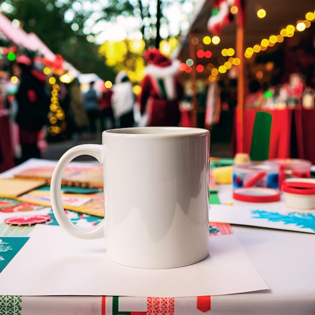 Photo 11 oz white coffee mug on christmas market table with festive lights