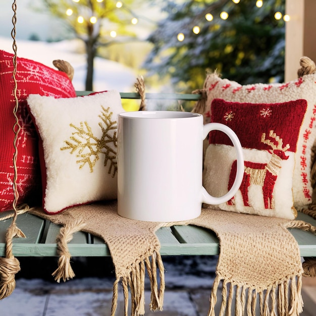 Photo 11 oz white coffee mug on cozy bench with festive pillows and lights