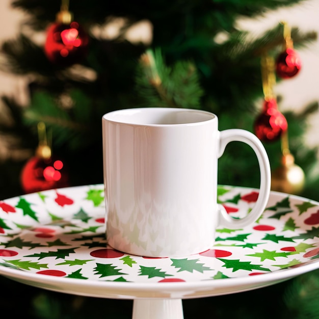 Photo 11 oz white coffee mug on festive plate with ornaments