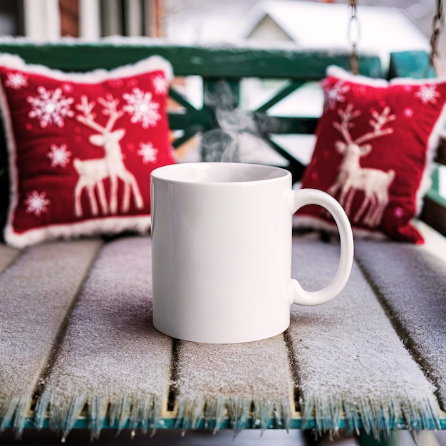 Photo 11 oz white coffee mug on frosty bench with reindeer pillows