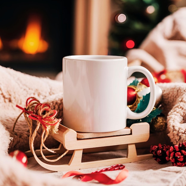 Photo 11 oz white coffee mug on mini sled with cozy blanket and christmas decor