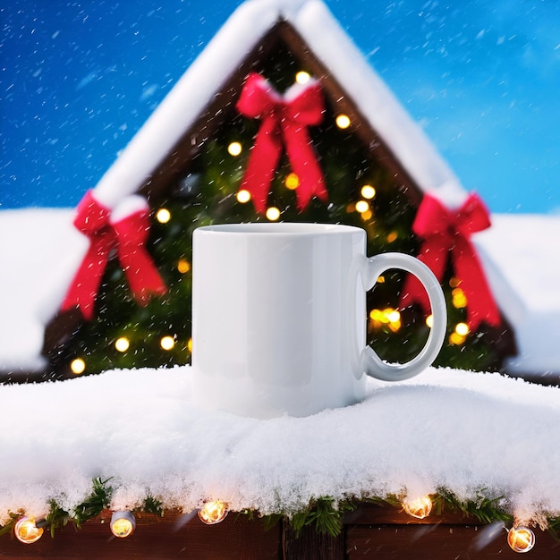 11 oz White Coffee Mug in Snow with Christmas Bows