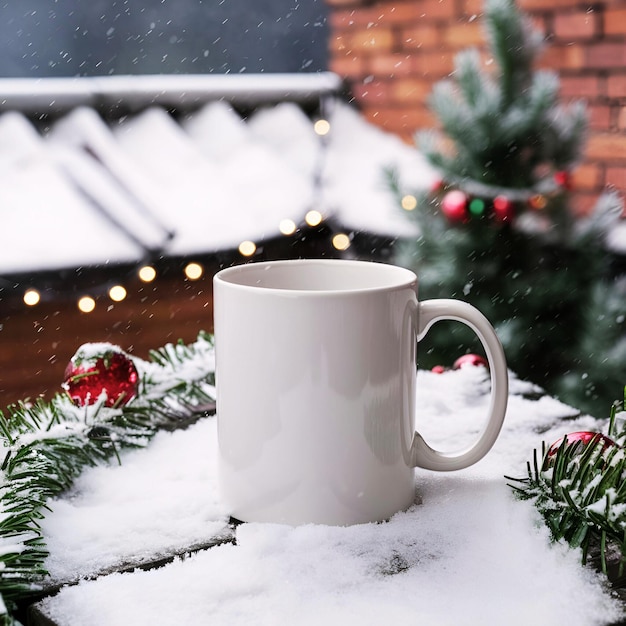 Photo 11 oz white coffee mug in snow with christmas decorations