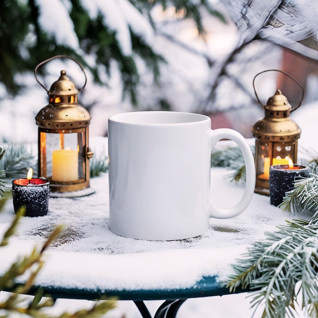 11 oz White Coffee Mug with Candles and Snowy Lanterns