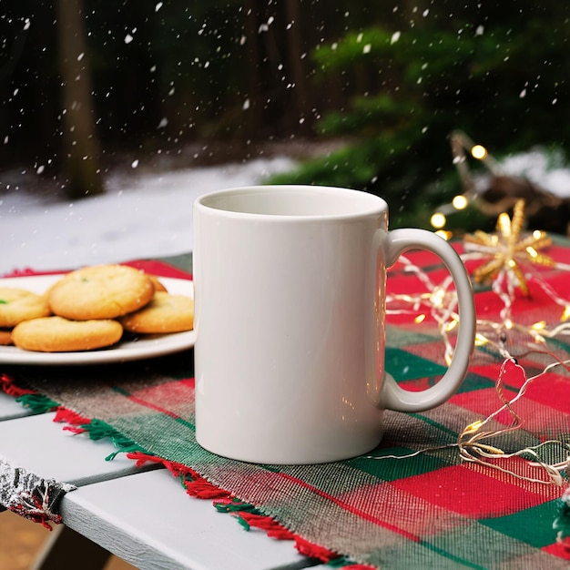 Photo 11 oz white coffee mug with christmas cookies and twinkling lights in snow