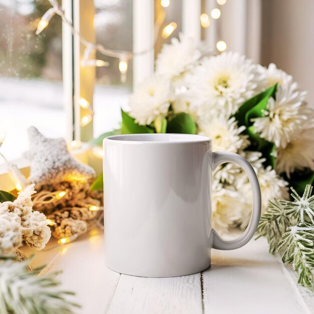 Photo 11 oz white coffee mug with winter flowers and lights