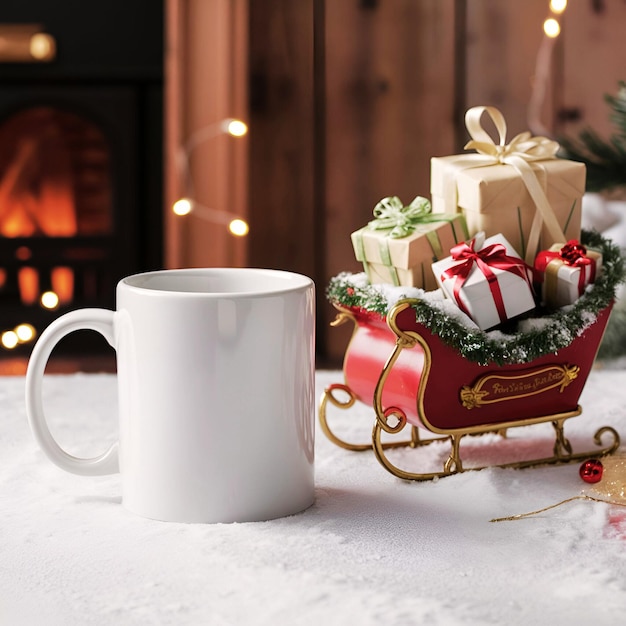 Photo 11 oz white mug beside giftfilled sleigh and fireplace