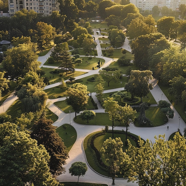 11h A city center park 200 x 200 meters two paths running diagonally and crossing in the middle p